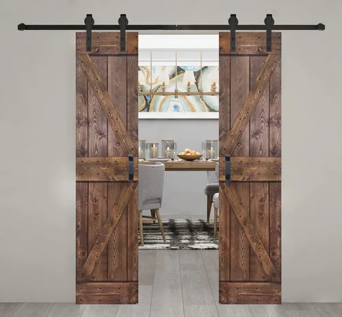 Miniatura 22 de Serie K de 60 x 84 pulgadas (30 x 84 pulgadas x 2 paneles) Puerta corredera clásica de madera maciza con acabado de nogal con riel de herrajes