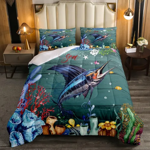 Miniatura 20 de Erosebridal Juego de edredón de ajolote rosa Kawaii Walking Fish para niños, edredón de reptil de criatura bajo el mar, arrecife de coral