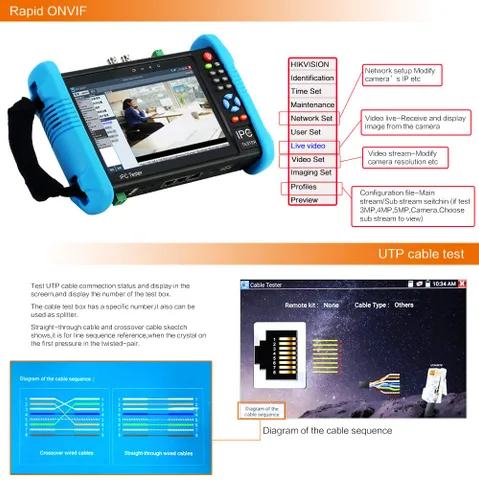Miniatura 5 de Koolertron Probador de cámara IP de pantalla táctil IPS 4K H.265 de 7 pulgadas - IPC-9800 Plus, CCTV, CVBS, probador analógico, WiFi incorporado