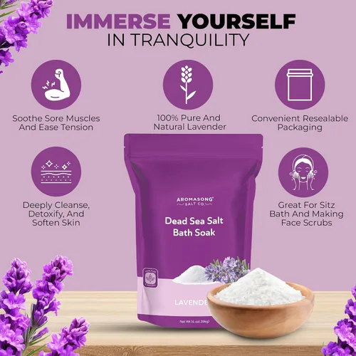 Miniatura 2 de Aromasong Sal del Mar Muerto para remojar con aceite esencial de lavanda natural, 14 onzas, sal de baño de spa, grano fino, 7 usos por paquete