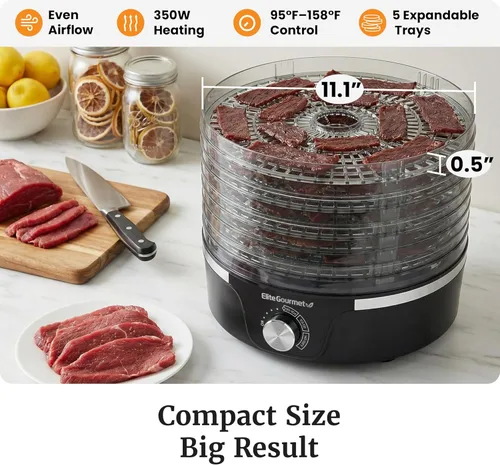Miniatura 4 de Elite Gourmet EFD319 Deshidratador de alimentos, controles de temperatura ajustables, aperitivos de frutas, verduras, carne, sin bisfenol A, 5 Negro