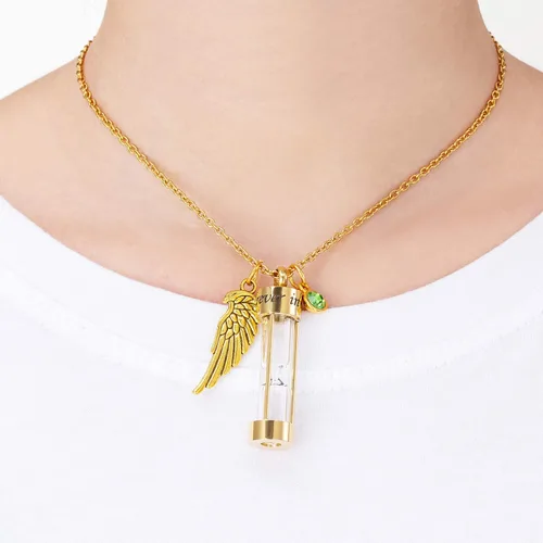 Miniatura 22 de PREKIAR Collar de urna de cremación para cenizas en forma de reloj de arena con dije de recuerdo 12 piedras de nacimiento y un ala de ángel