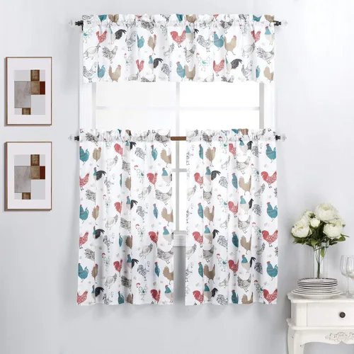 Miniatura 5 de Interior Trends Juego de 3 paneles de cortina y cenefa para ventana de cocina (juego de niveles de 36 pulgadas, coral con flores de pájaro)