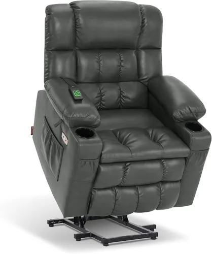 Miniatura 37 de MCombo Silla reclinable eléctrica de motor dual para adultos mayores, silla de elevación plana con calor y masaje, portavasos, puertos USB, piel