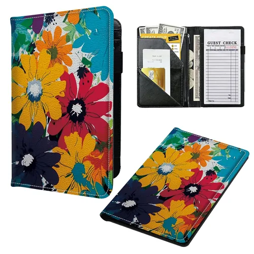 Miniatura 14 de Libros para camarera, cartera de cuero con bolsillo con cremallera, 7 bolsillos de almacenamiento para recetas y cheques, soporte para bolígrafos