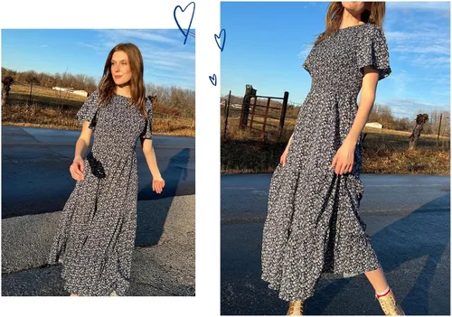 Miniatura 5 de PRETTYGARDEN - Vestido largo casual de verano para mujer, manga corta acampanada, bohemio, floral, cuello redondo, vestido blusón, escalonado