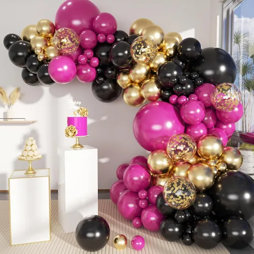 MEBAY Kit de arco de globos negro, rojo y dorado, 141 unidades, globos negros mate, rosa intenso y dorados metálicos, confeti de oro para