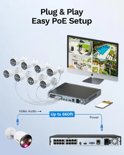 Miniatura 7 de LongPlus Sistema de cámara de seguridad de 12MP, 12MP H.265+ PoE sistema de cámara de seguridad para el hogar, visión nocturna a color de foco
