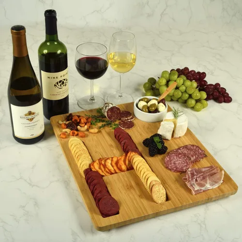 Miniatura 4 de Picnic at Ascot Tablero de queso/embutidos de bambú personalizado personalizado con un surco fresado en forma de letra para galletas – Incluye salsa