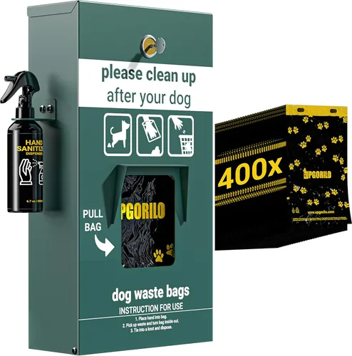 Dispensador de bolsas extraíbles para perros con botella desinfectante de manos, 400 bolsas de cabecera incluidas, estación original que brilla en