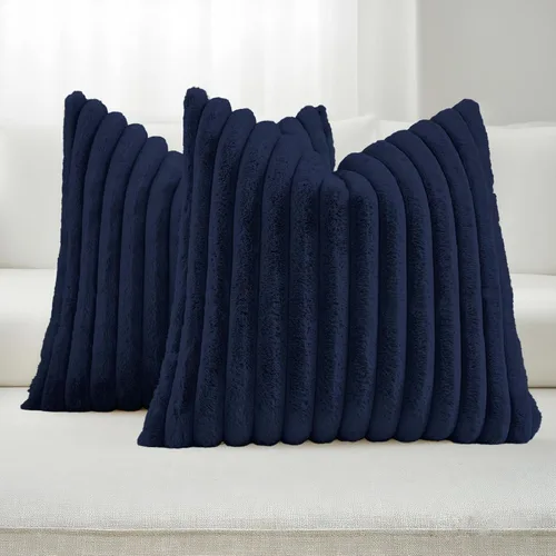 Miniatura 46 de FUTEI - Juego de 2 fundas de almohada decorativas con rayas, cuadradas, para invierno, piel sintética de conejo suave y acogedora y respaldo