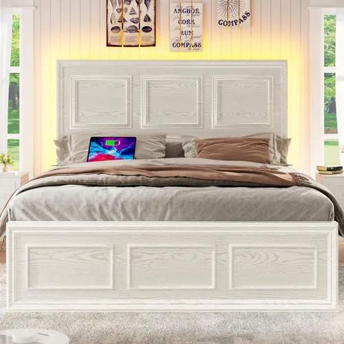 Miniatura 3 de Incyneva Base de cama matrimonial con cabecera ajustable en altura, marco de cama de plataforma de granja con puerto de carga y luces LED,