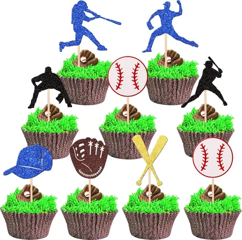 Miniatura 8 de 24 piezas de decoración de cupcakes de béisbol con purpurina para jugadores de béisbol temáticos deportivos para temática de béisbol, baby shower