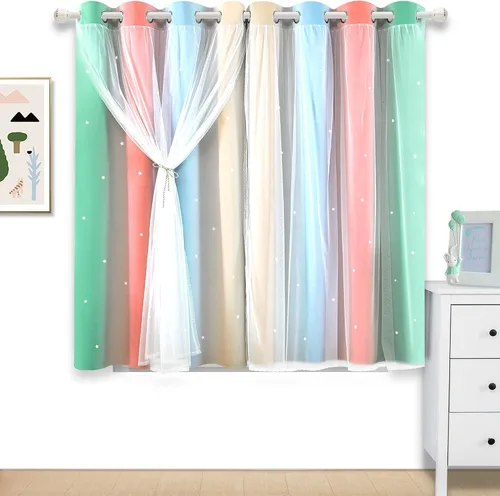 Miniatura 2 de Cortinas opacas con recorte de estrellas y arcoíris para guardería/habitación de niños/niñas, con superposición de tul, 2 paneles, cada una de 52
