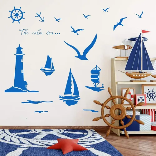 Miniatura 2 de Grandes adhesivos decorativos de faro marino para pared, calcomanía de pared náutica con gaviotas, adhesivos de pared de barco para decoraciones