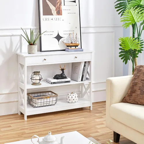 Miniatura 8 de Yaheetech Mesa consola con cajón, mesa de entrada de 3 niveles con estantes de almacenamiento, mesa de sofá estrecha de madera para Blanco