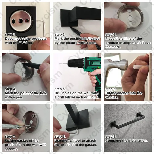 Miniatura 7 de Juego de accesorios de baño, barra de toalla negra mate, estilo cuadrado montado en la pared SUS304 juego de accesorios de acero inoxidable