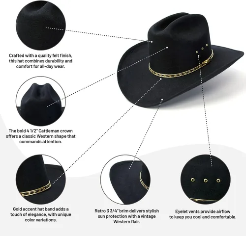 Miniatura 3 de Western Express Sombrero de vaquero con acabado de fieltro - Estilo ganadero con banda de sombrero dorado Sombreros de vaquero y vaquera