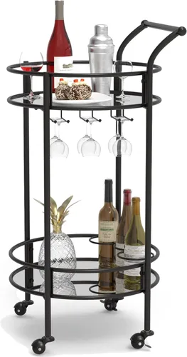 Miniatura 7 de Carrito redondo negro con 2 estantes de espejo, estante para vino y ruedas con cerradura, adecuado para cocina del hogar, club, sala de estar