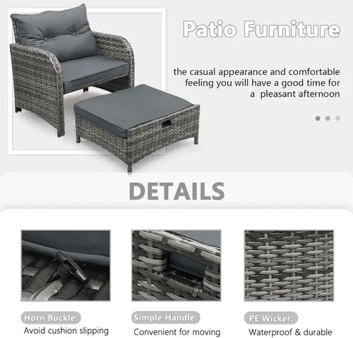 Miniatura 4 de Silla de Patio con Otomanas y Mesa, Juego de Muebles de Patio al Aire Libre de Ratán de Mimbre PE de 5 Piezas, Diseño que Ahorra Espacio Sillas