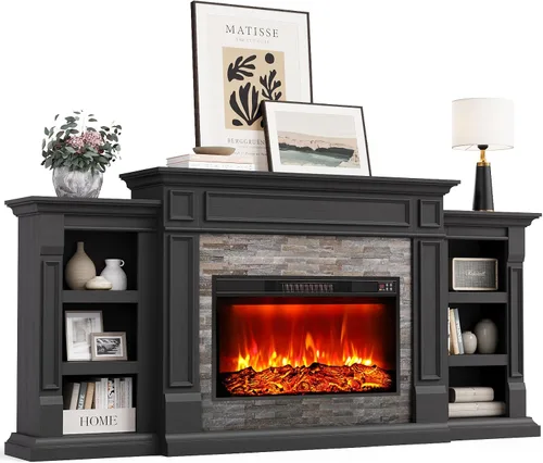Naice Chimenea eléctrica de 80 pulgadas con repisa y gabinetes, soporte de TV para sala de estar y dormitorio, chimenea de llama realista de 30 Negro