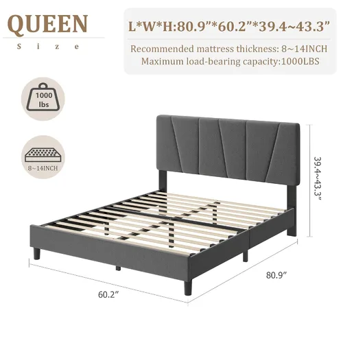 Miniatura 2 de Garvee Base de cama de tamaño individual con cabecera ajustable, base de cama tapizada de lino con listones de madera fuertes, base de colchón,