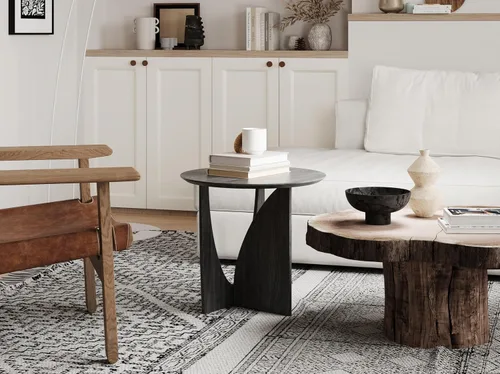 Miniatura 4 de Mesa auxiliar redonda, mesa auxiliar estética moderna con chapa de roble, mesa decorativa de madera para sala de estar, dormitorio (A, negro)