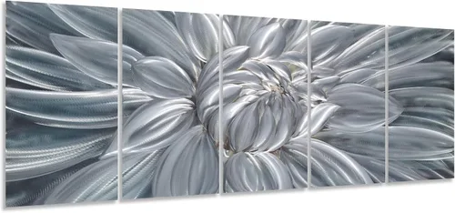 Yihui Arts Arte de pared de flores de metal plateado, 5 piezas de arte de aluminio, escultura botánica contemporánea para sala de estar, dormitorio,