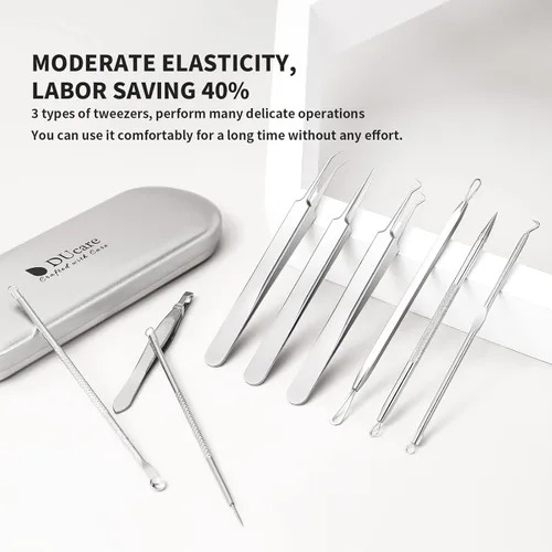 Miniatura 7 de DUcare Kit de herramientas para eliminar puntos negros, kit de 9 piezas, herramienta profesional de extracción de espinillas de acero inoxidable