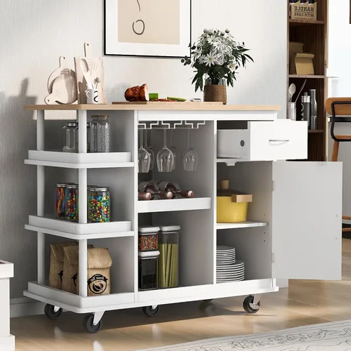 Miniatura 3 de Livavege Carrito de cocina multiusos con gabinete de almacenamiento, cajón, estante ajustable y gancho lateral, isla de cocina rodante sobre 5