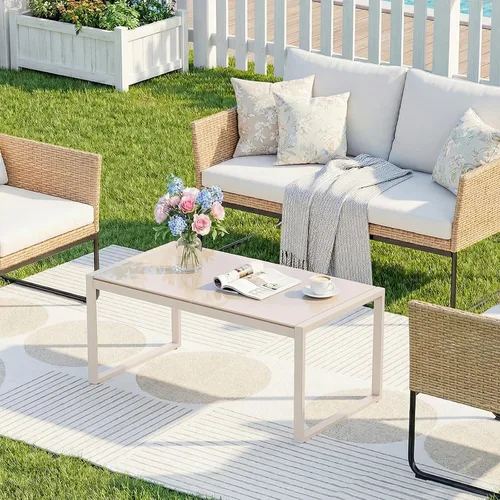 Miniatura 10 de ONBRILL Mesa de café rectangular con escritorio de vidrio templado, mesa de café para exteriores con marco galvanizado y pies ajustables para patio