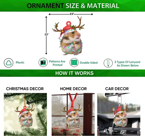 Miniatura 2 de Talataca Hámster con sombrero de Navidad, reno con cadena de luces 2D plano para espejo retrovisor para automóvil, accesorios para el árbol