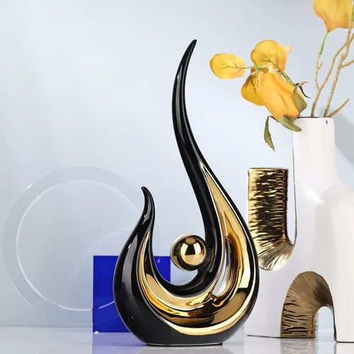 Miniatura 5 de XMGZQ 2 piezas Estatua de Arte Abstracto Moderno en Negro y Oro para Decoración de Mesa, Elegante Estatua de Cerámica para Acento de Decoración