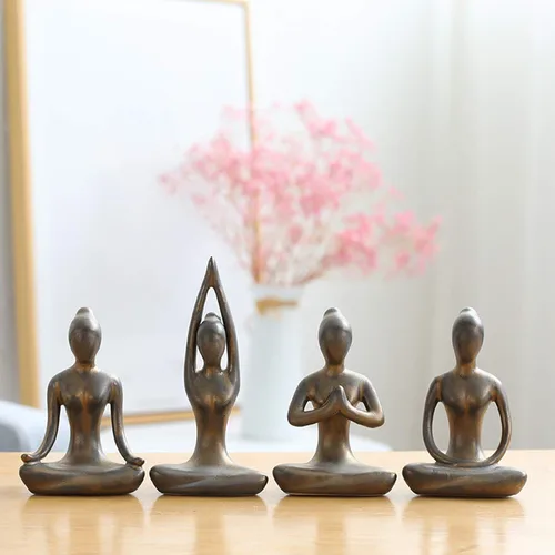 Miniatura 9 de OwMell Lote de 4 Figuras de Cerámica para Meditación y Yoga, Pose de Yoga, Figura Decorativa de Conjunto - Negro