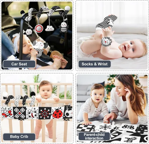 Miniatura 8 de Juguetes para recién nacidos, juguetes para bebés de alto contraste en blanco y negro, de 0 a 6 meses, con tarjetas sensoriales y sonajero, esencial
