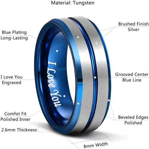 Miniatura 5 de LaurieCinya Anillo de carburo de tungsteno para hombre, mujer, anillo de compromiso, 8mm, ajuste cómodo, grabado "I Love You