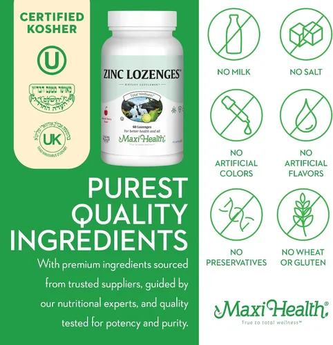 Miniatura 4 de Maxi-Health Pastillas de zinc – Citrato de zinc 10 mg – con vitamina C – Sabor a cereza – 60 masticables – Kosher