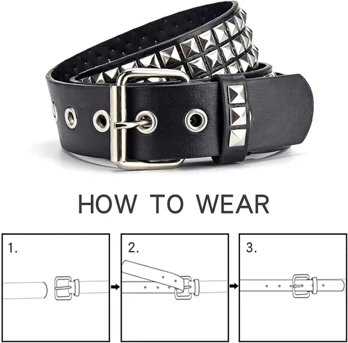 Miniatura 6 de Cinturón negro con tachuelas punk rock remache cinturón con ojales y pirámide de metal brillante para mujeres y hombres