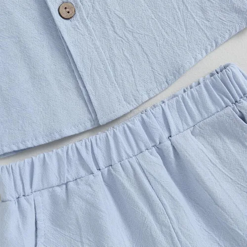 Miniatura 6 de AEEMCEM Conjunto de 2 piezas de camisa y pantalones cortos de algodón de lino de algodón de color liso para niños pequeños