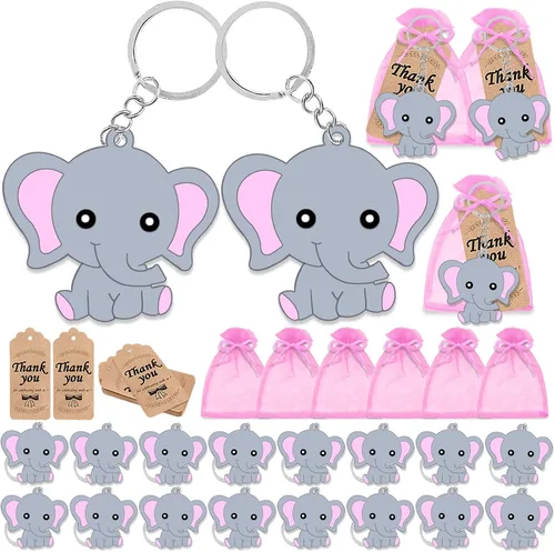 Miniatura 7 de CiciBear Paquete de 72 recuerdos de fiesta de elefante con llaveros de elefante azul bebé, etiquetas de agradecimiento y bolsas de regalo