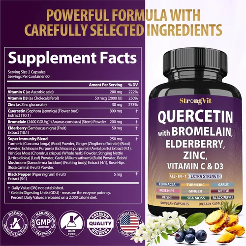 Miniatura 7 de StrongVit Quercetina con bromelina, saúco, vitamina C, D3 y zinc. Suplemento de apoyo súper inmunológico. Complejo orgánico para hombres y mujeres