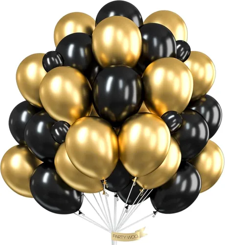 PartyWoo Globos negros y dorados, 66 globos de 12 pulgadas color negro mate cromado metálico dorado para graduación, baby shower, cumpleaños, Año