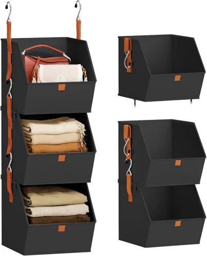 Miniatura 17 de Homsorout Organizador colgante de armario de 4 niveles, estantes colgantes para ropa, sistema de armario que ahorra espacio, contenedores de Beige