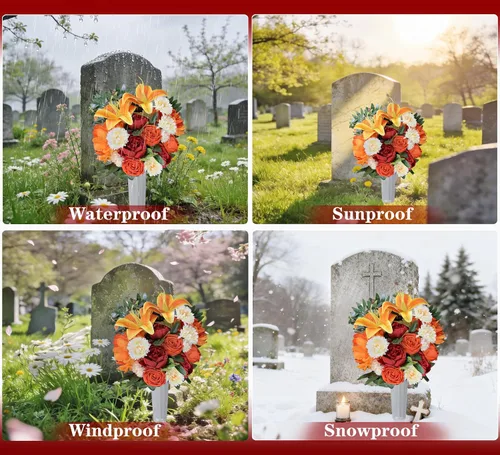 Miniatura 2 de HENOMO Flor de cementerio artificial con jarrón para lápida, decoración de tumbas al aire libre, ramo conmemorativo arreglado por floristas: mezcla