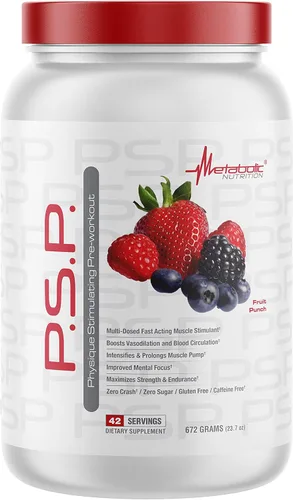Metabolic Nutrition P.S.P. Físico estimulante preentrenamiento 23.70 oz sin azúcar sin cafeína (ponche de fruta)