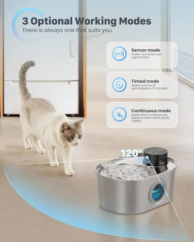 Miniatura 5 de Fuente de agua inalámbrica para gatos: fuente para mascotas de acero inoxidable operada por pilas, dispensador automático de agua inalámbrico