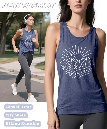 Miniatura 22 de Camisetas sin mangas de senderismo y montaña para mujer, divertidas camisetas de entrenamiento con gráficos de pino y amanecer, camisetas de verano