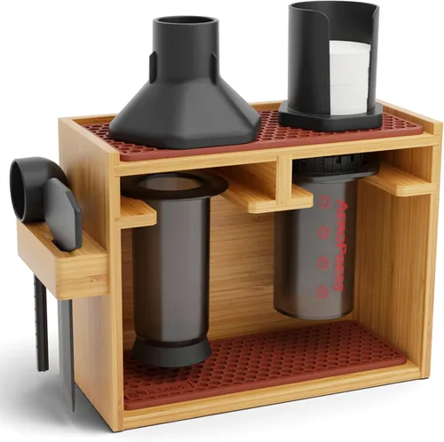 Miniatura 10 de HEXNUB Soporte organizador compacto AeroPress, organizador de café de bambú para cafetera AeroPress, accesorios, filtros, tazas, incluye