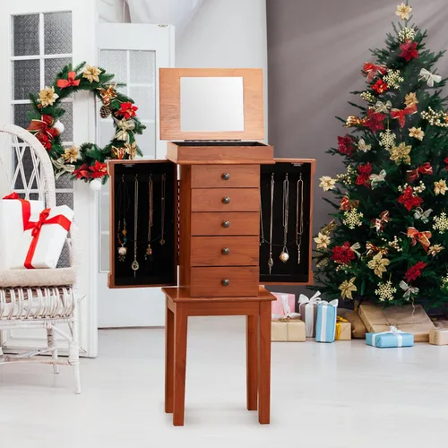 Miniatura 7 de AVAWING Armario de joyería con 5 cajones y 8 ganchos para collares, joyero organizador de pie con 2 puertas batientes laterales, espejo