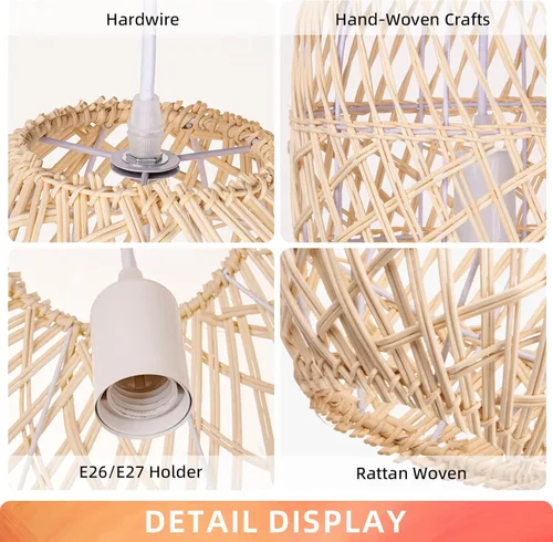 Miniatura 7 de Arturesthome Lámpara colgante de 1 luz de ratán natural, pantalla de lámpara colgante tejida, lámpara de techo colgante, lámpara colgante hecha a